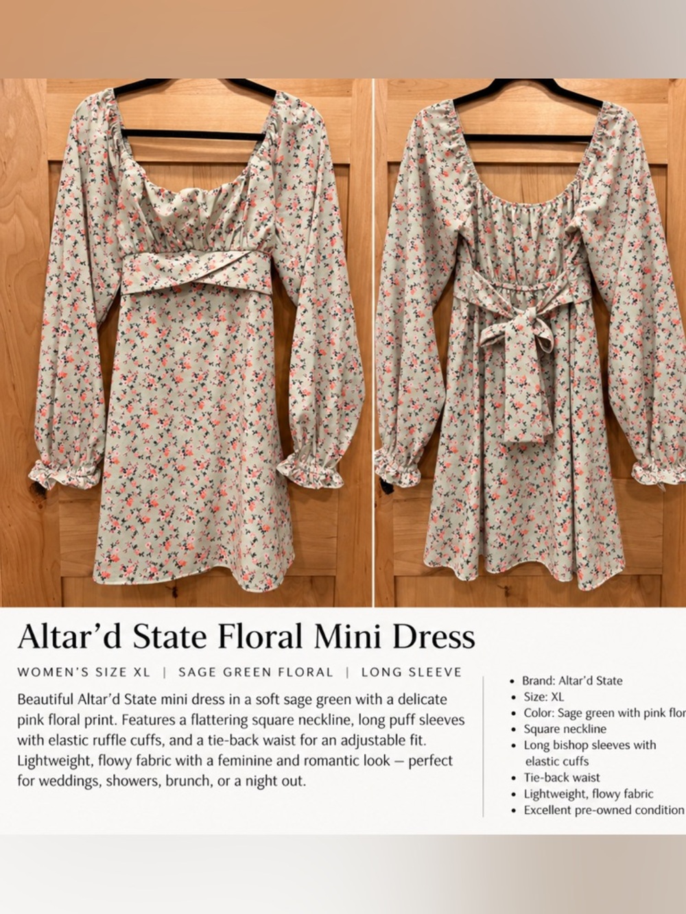 Altar'd State Mint Floral Long-Sleeve Mini Dress